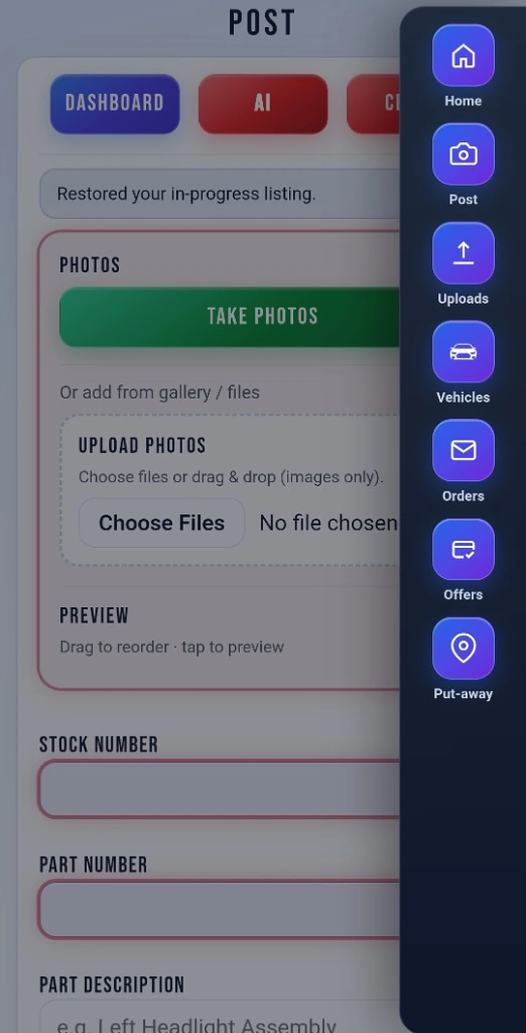 Posting app shortcut pull-out menu available on every tab: Home, Post, Uploads, Vehicles, Orders, and more
