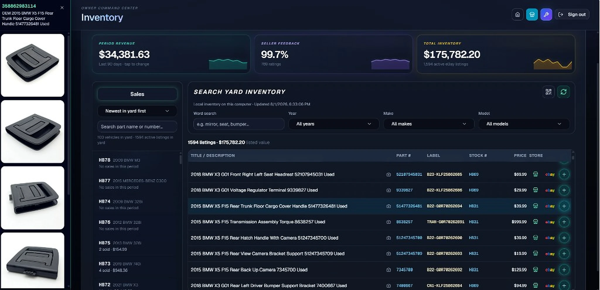 Inventory search with year/make/model filters, listing photo previews, high-res galleries, and shortcuts to eBay and storefront