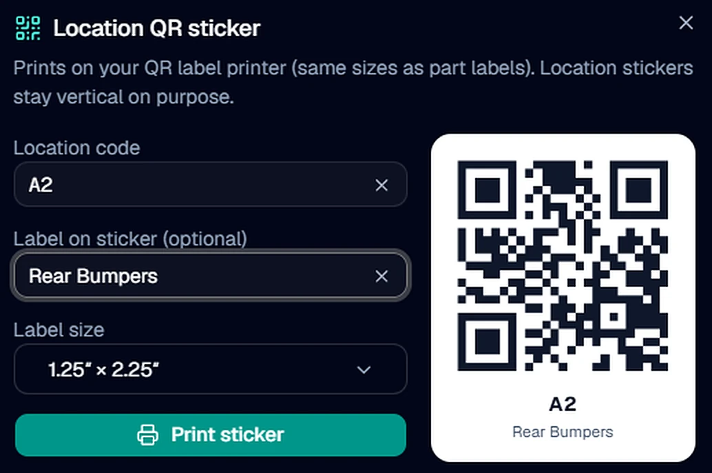 Location QR sticker print dialog with live preview for bin A2 labeled Rear Bumpers