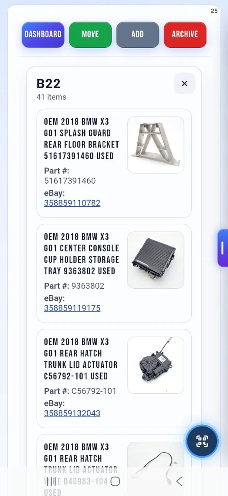 Scan a bin location to see every item inside with photo thumbnails and eBay shortcuts