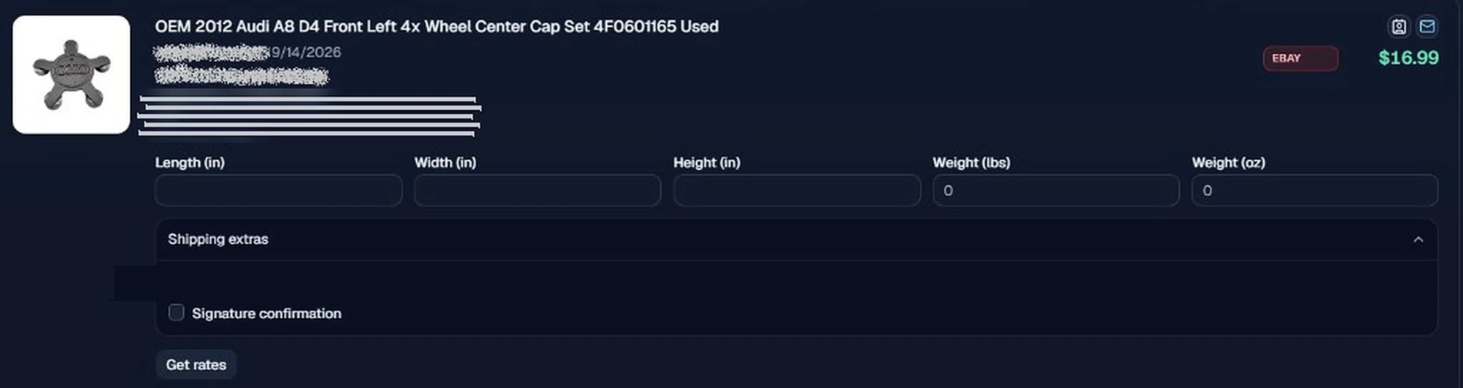 Orders shipping queue: paid eBay order with package dimensions, signature confirmation, and Get rates to buy a shipping label
