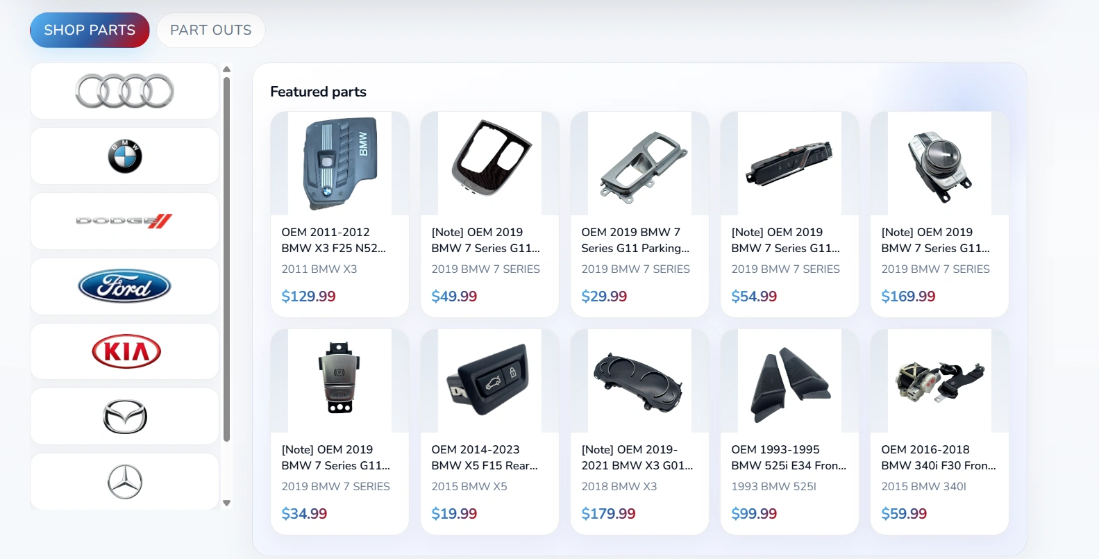 Hosted Salvage Logix parts storefront: branded shop with search, make browse, featured parts, and checkout for local and online buyers